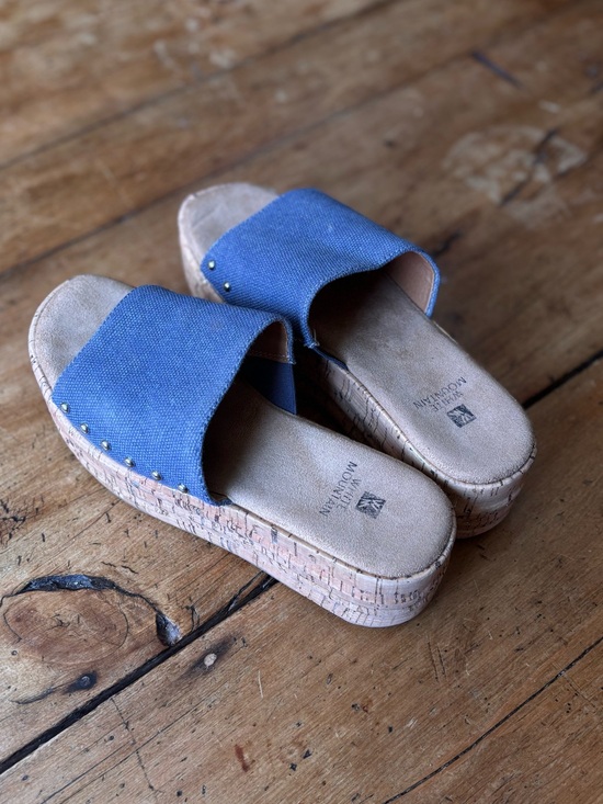 White Mountain Shoes - White Mountain Blue Canvas Cork Platform Slide Mules